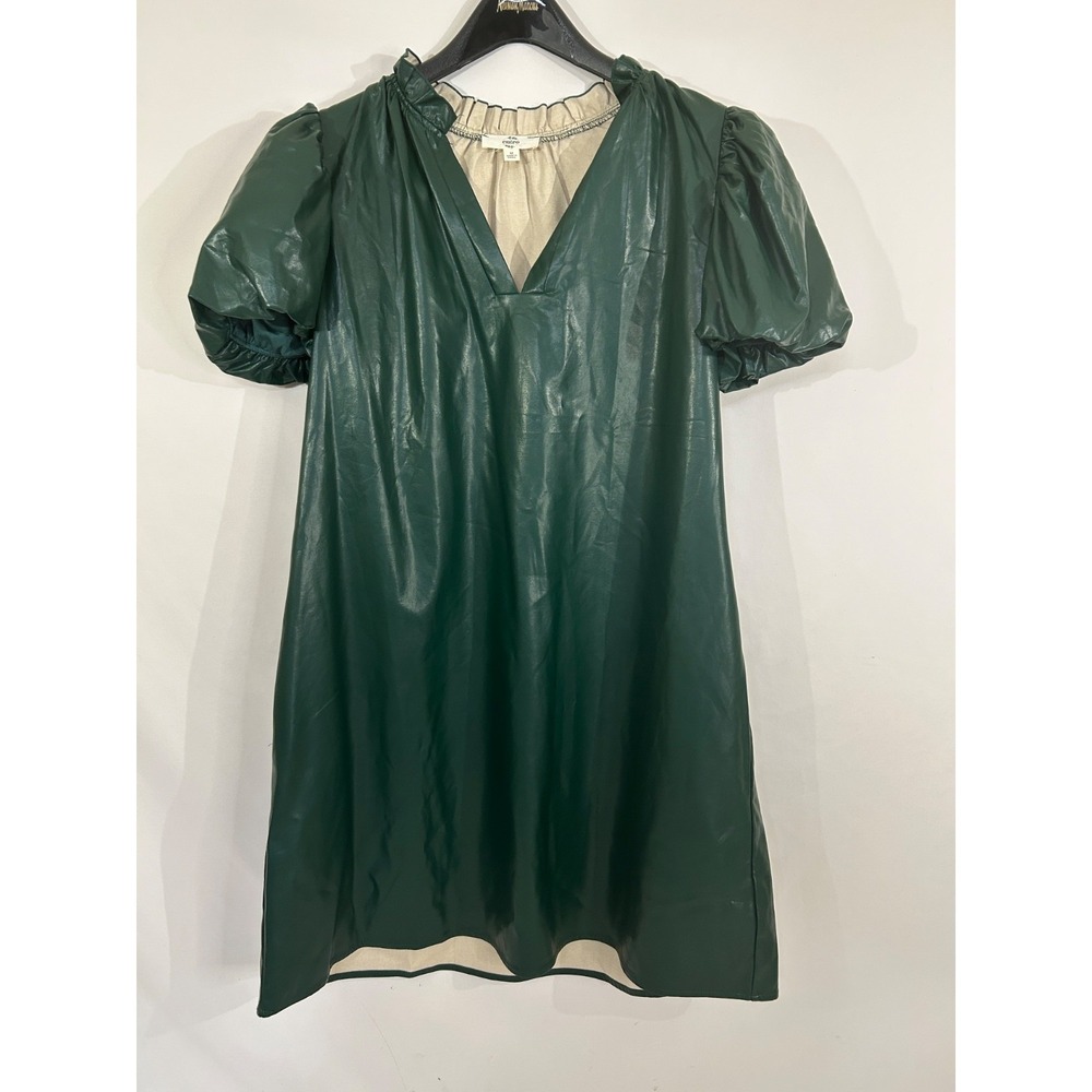 Entro Faux Leather Tiered‎ Ruffle Sleeve Dress Minimalist Neutral Green Sz M - Picture 10 of 10